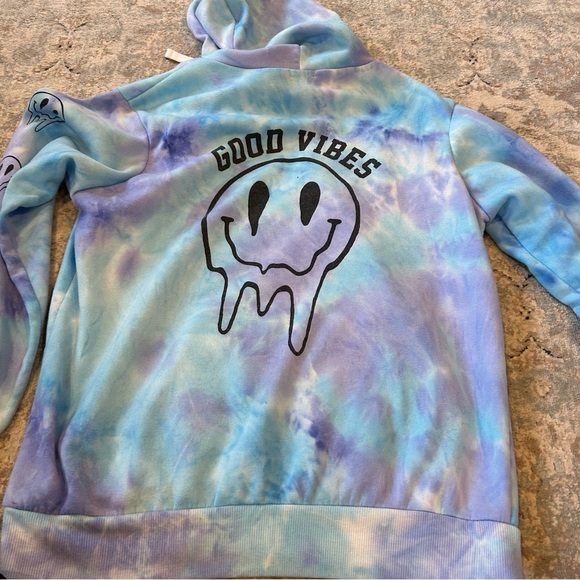 Blue and Purple Tie Dye Hoodie “Good Vibes” Melting Smiley Face - Picture 2 of 6